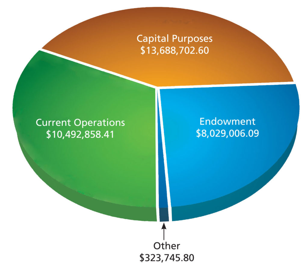 Capital Purposes $13,688,702.60, Current Operations $10,492,858.41, Endowment $8,029,006.09, Other $323,745.80