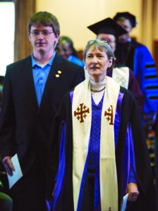 Loretta Reynolds joins the procession to the stage during the May Baccalaureate service.
