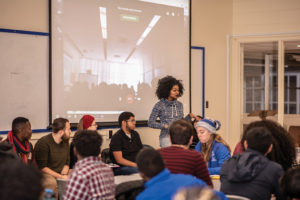 Bria Williams ’17 addresses students at the Computer Science Homecoming Alumni Panel.