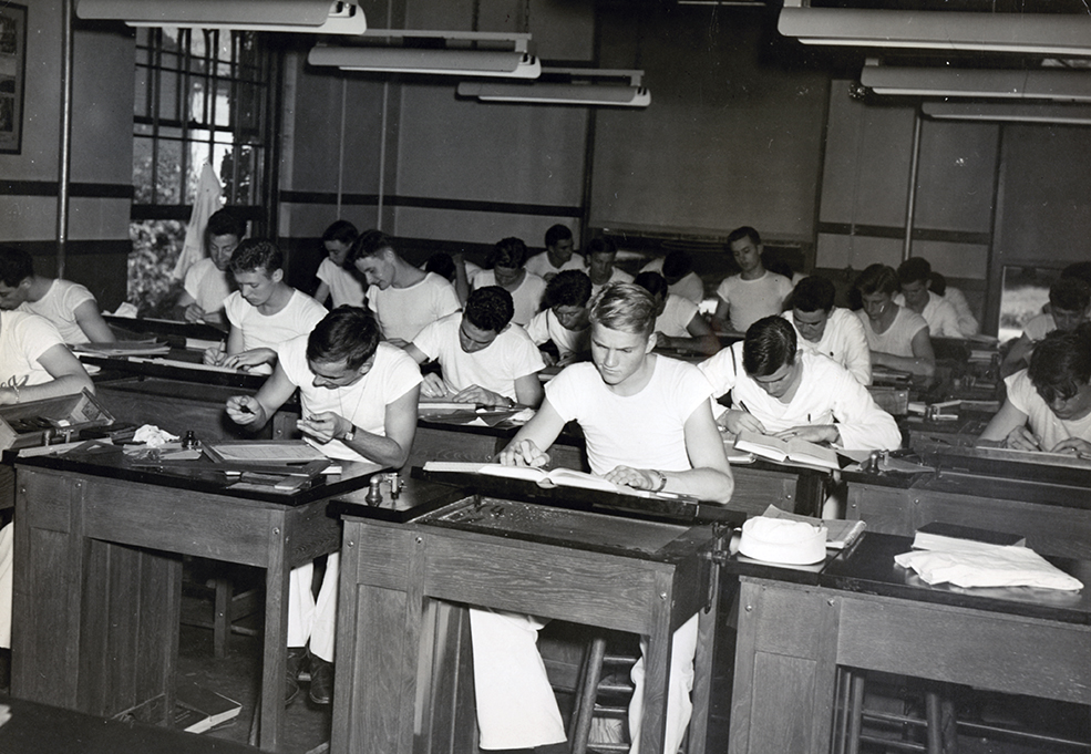 Navy V-12 students sitting at desks at Berea College