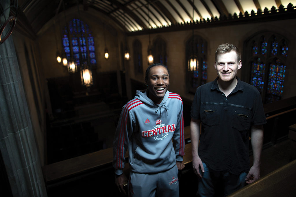 Students smiling on the balcony of Danforth Chapel
