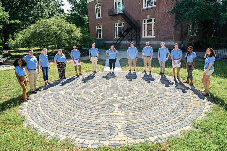 Student chaplains gather around the newly-built labyrinth.
