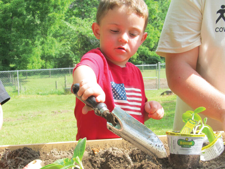 Boy in red shirt playing in dirt