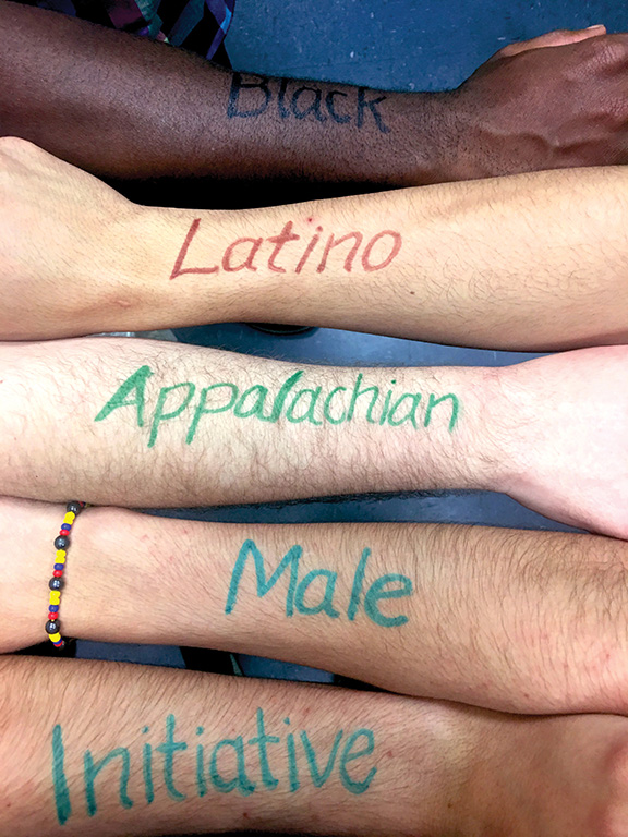 Black, Latino, Appalachian Male Initiative written on diverse arms