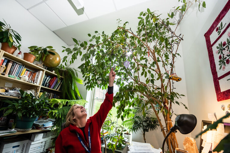 Dr. Dawn Anderson reaching out to a large plant in her office