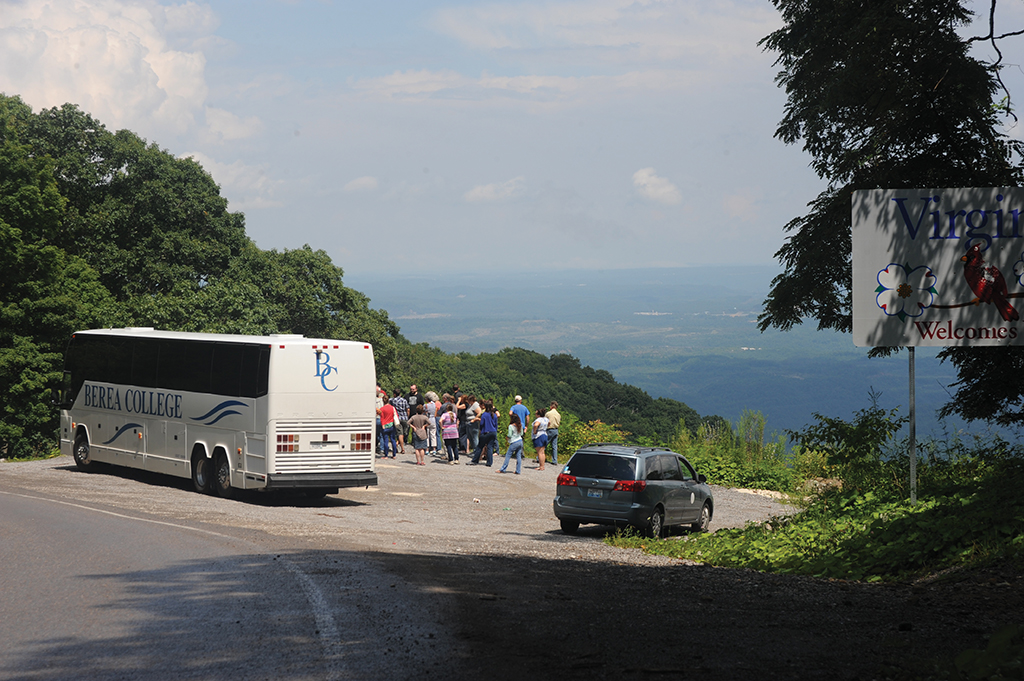 The Berea College bus parked at an overlook of Black Mountain in Virginia