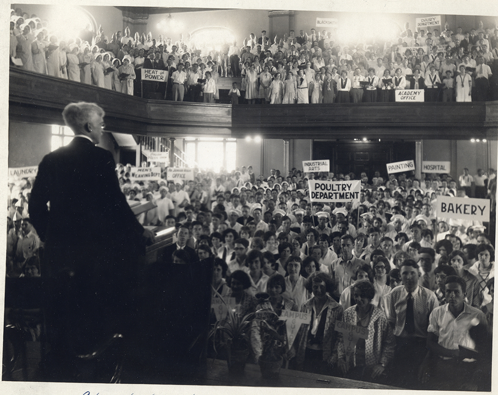 Black and white photo of Berea College President William Hutchins speaking at a labor day convocation