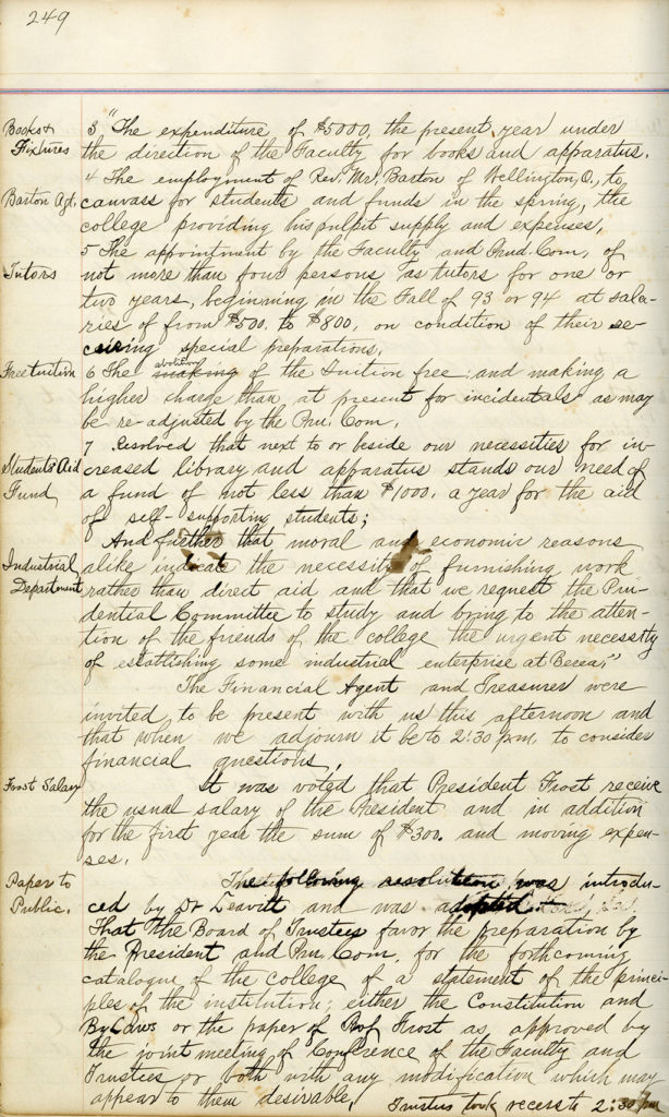 Text of the 1892 Board of Trustees minutes signifying the College would no longer charge tuition