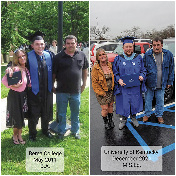 Side-by-side images of Paul Adkins at his two college graduations