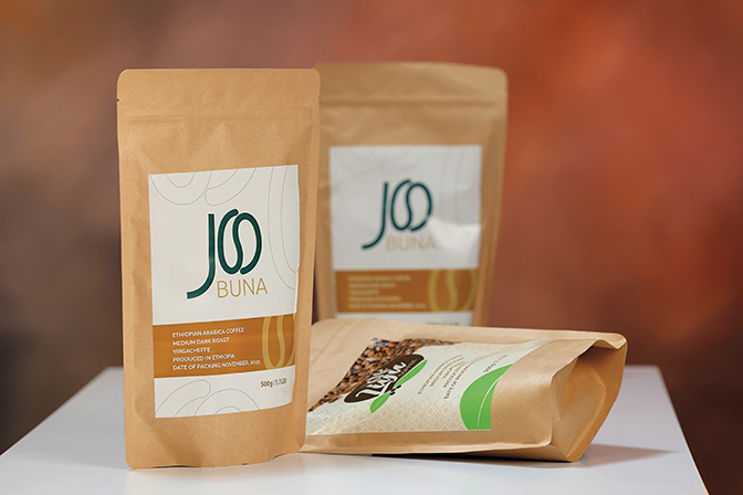Bags of Jobuna coffee and tea