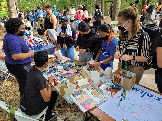 Students gather at Mountain Day to prepare cards for elderly individuals