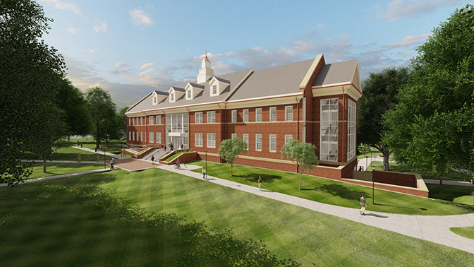 Rendering of the back of the first technology building on campus