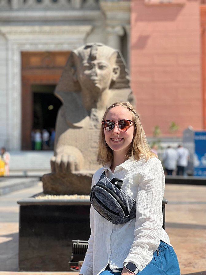 Abby in front of an Egyptian sphinx