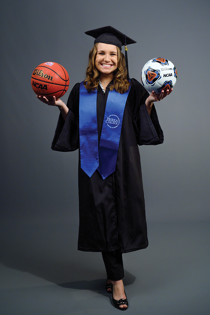 Portrait of Bailee Vanover holding a basketball and soccer ball