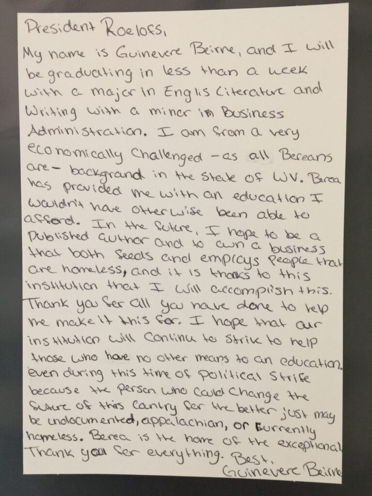 Scan of the text from a student's thank you letter to Lyle Roelofs in 2017
