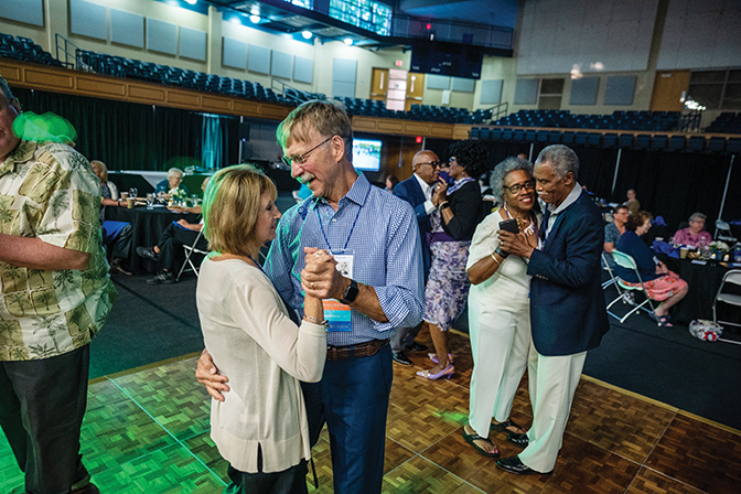 During the 50th reunion celebration at Summer Reunion, couples Donna ’73 and Bill Yost ’73 (left), Andrew ’73 and Symerdar Baskin (back center) and Elaine ’73 and Edward Allen ’73 danced the night away. 