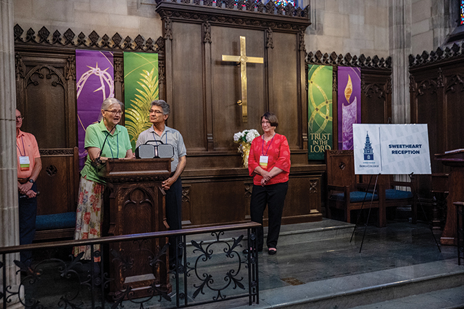 Dr. Dayna Cheesman Mohammadione ’78 and Dr. Ali Mohammadione ’78 speak at the Sweetheart Reception held in Danforth Chapel. The reception was hosted by Lon ’78 and Ann Adams Hays ’78 (far right). 