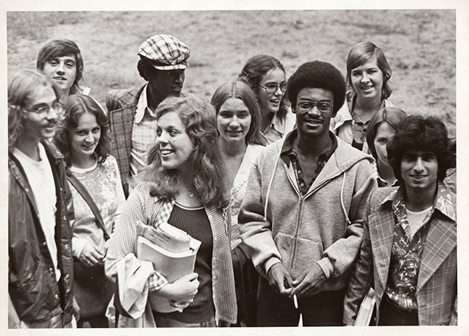 Black and white image of interracial group of Berea College students ca. 1970.