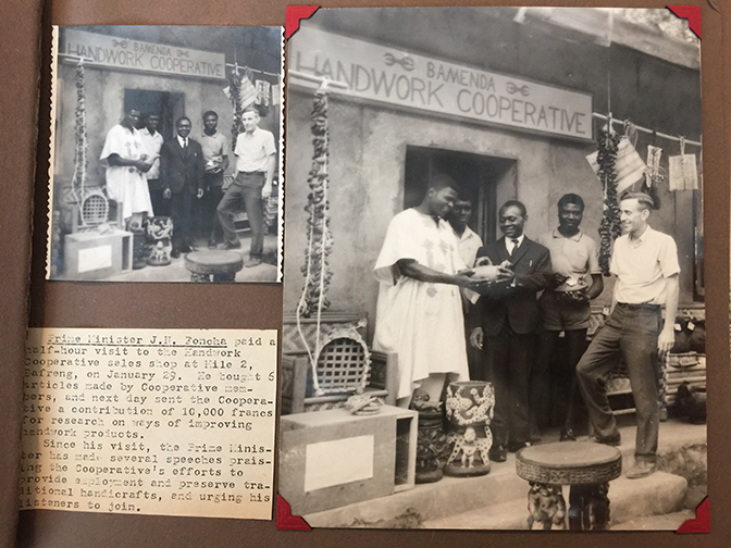 black and white images of Doug Kelley with Cameroon prime minister J.N. Foncha as he examines the work of the newly established Bamenda Handwork Cooperative in the early 1960s. 