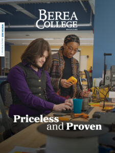 Cover of the Winter 2025 issue, Priceless and Proven, with a Computer Science professor and student working on a project in the Makerspace in the new CMIT building