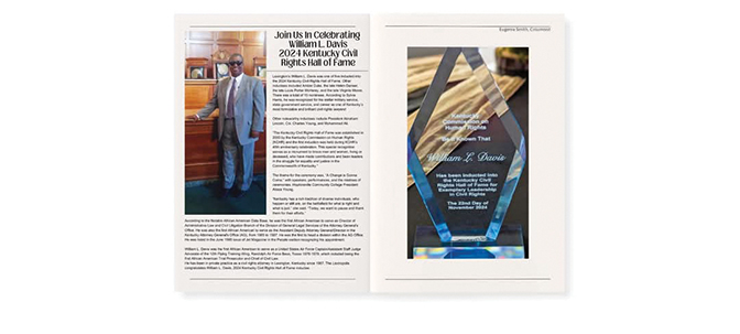 An article about William Davis and a picture of the award he received when inducted into the Kentucky Civil Rights Hall of Fame