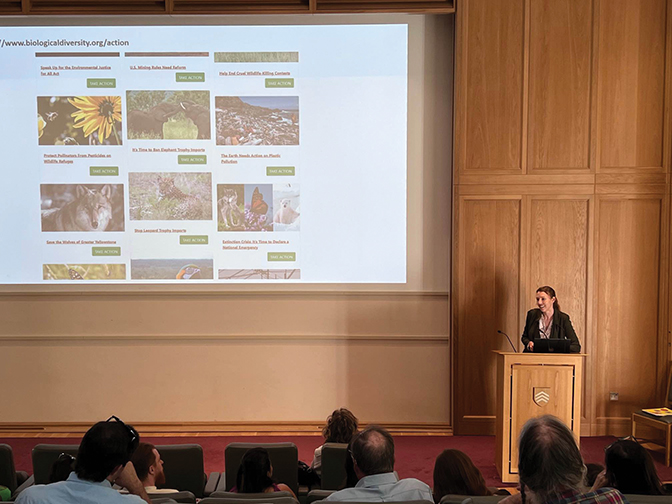 Photo of a large room with Tierra Curry presenting. A slide show of wildlife is projected on the wall