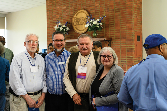 Distinguished Alumnus Award recipient Calvin Gross (center right) was celebrated by former Hutchins Library colleague Harry Rice (left) and present colleagues Tim Binkley, head of Special Collections and Archives and Amanda Peach, Director of Hutchins Library.