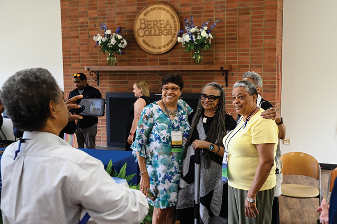 Distinguished Alumnus Award recipient Freida Hopkins Outlaw ʼ66 (center) poses with Betty Olinger ʼ69 (left) and Brenda Smith Jackson ʼ75, at the Alumni Awards ceremony in Baird Lounge.