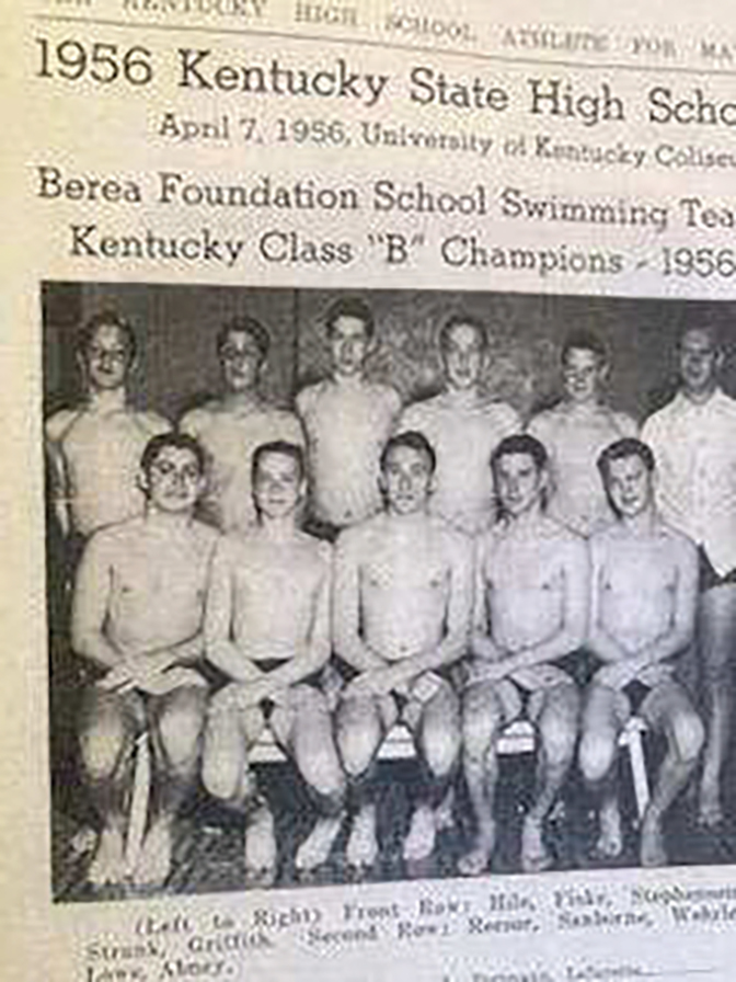 Newspaper clipping of a swim team from 1956 that highlights the Boys Foundation School Swim Team for winning the Kentucky Class B Championship.