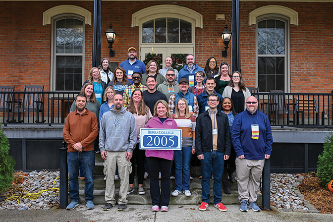 Members of the class of 2005 stand outside of Fairchild hall.