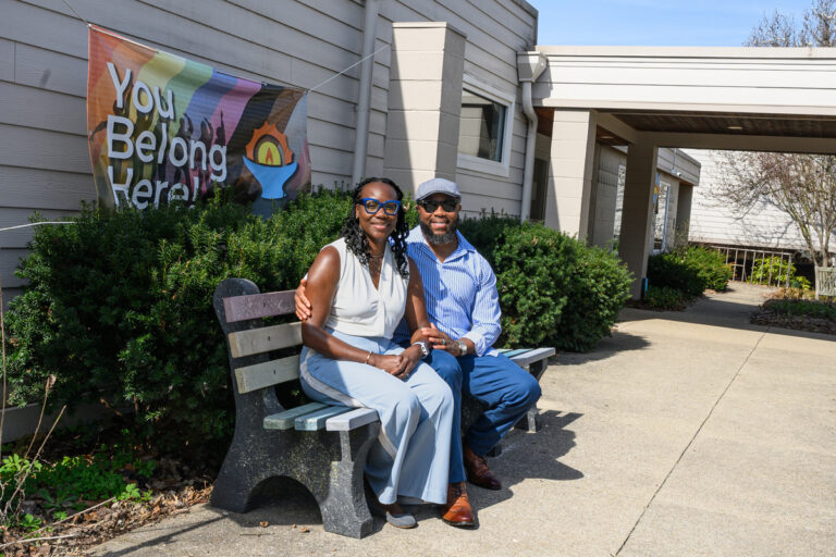 A Shared Mission in a New Place Antoinette and Albert Yongbang sitting in front of the Unitarian Universalist Church of Lexington
