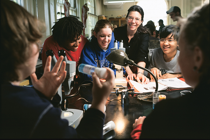 A photo taken in 2006 shows Biology Professor Dr. Megan Hoffman working with students in the Hall Science Building at Berea College. 