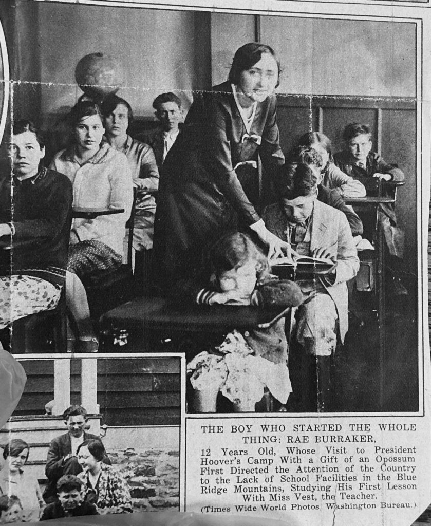 Black-and-white newspaper clipping shows Christine Vest with students at the Hoover Mountain School.